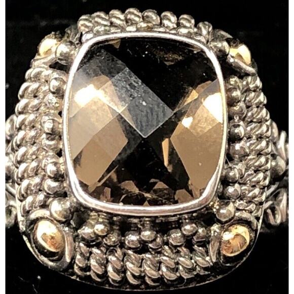 Vintage 18k Yellow Gold Sterling Silver Ring 925 Size 9 Smokey Quartz Bali BA - Picture 4 of 12
